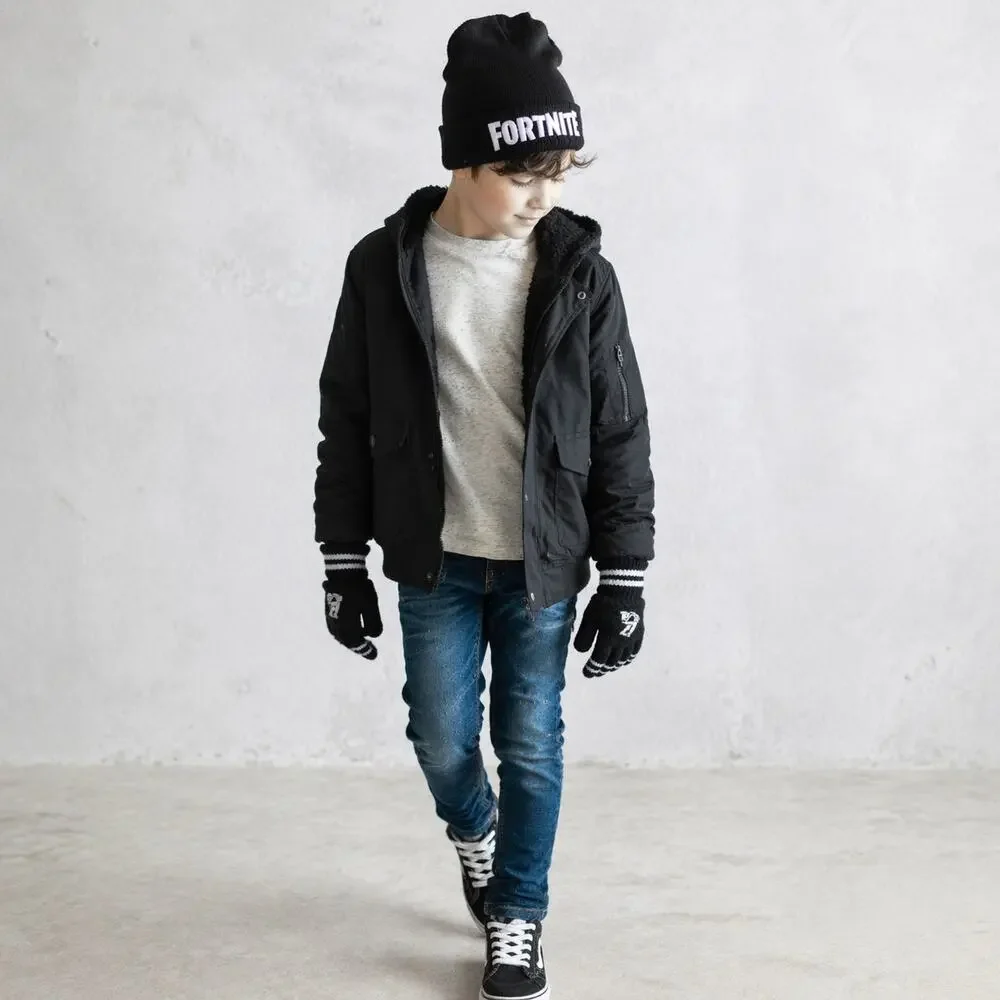 Fortnite Youth Beanie and Gloves Set Black Silver One Size NWT